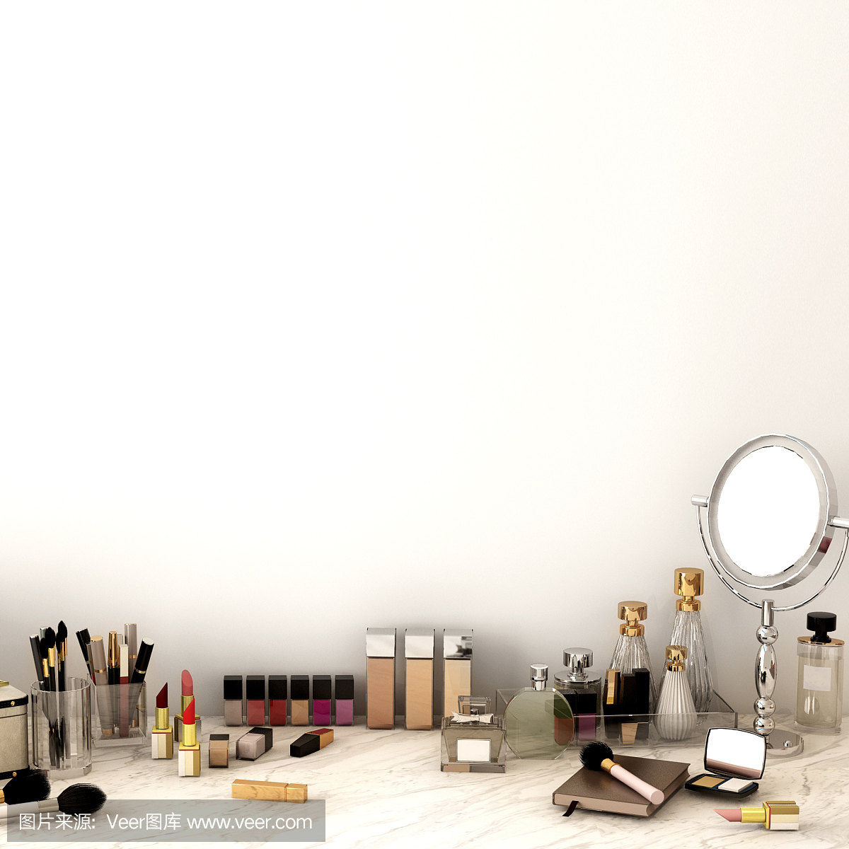 俯视图的配件,美容化妆品的女人在大理石背景,工作空间,3d插图