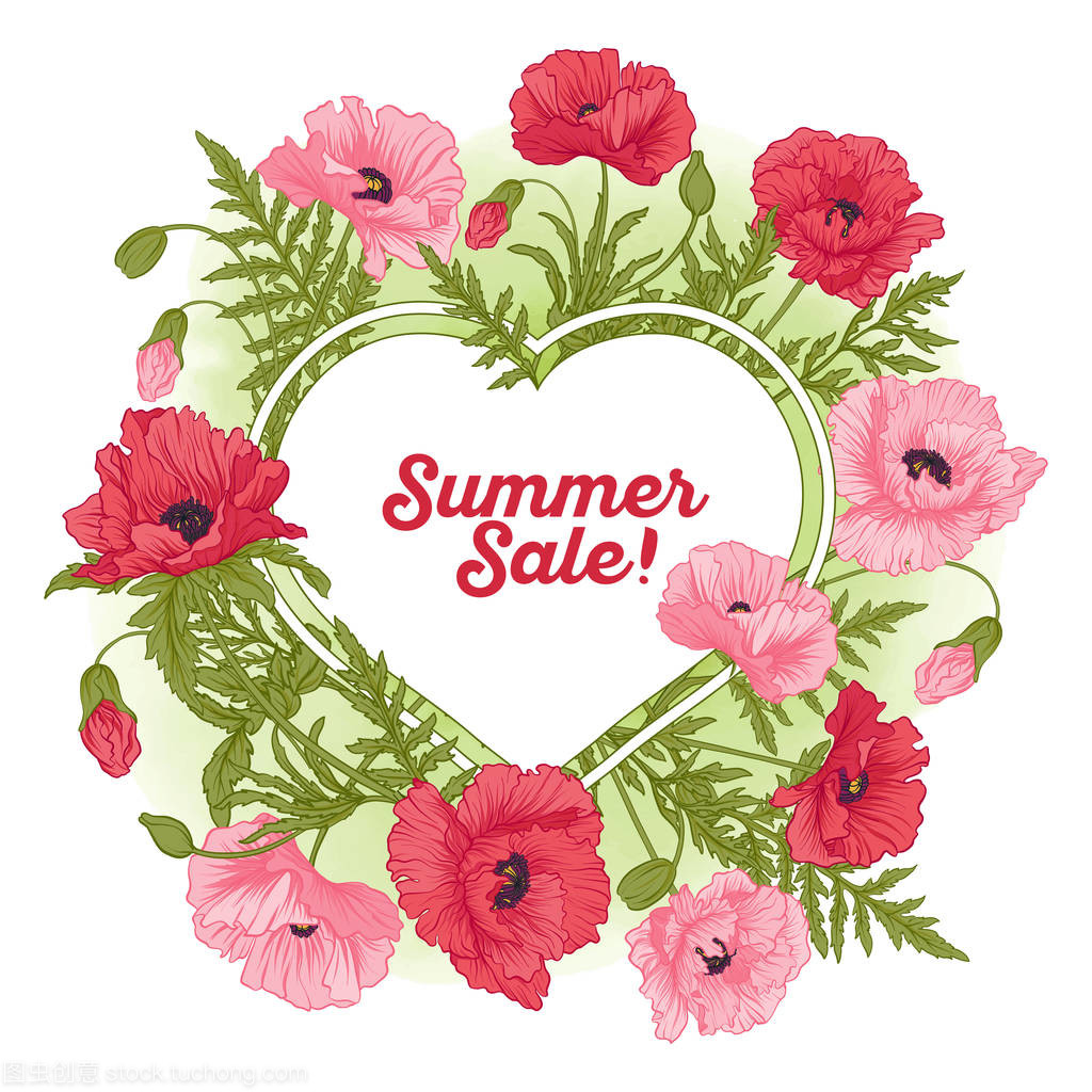 夏天销售卡与红色和粉红色的罂粟在绿色水彩 bac